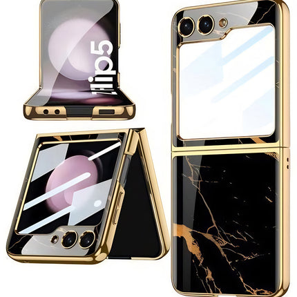 Mobizang 9H Glass Back Case for Samsung Galaxy Z Flip5 / Z Flip 5,Ultra Thin Full Body Protection Folding Hard Back Cover, Black Marble