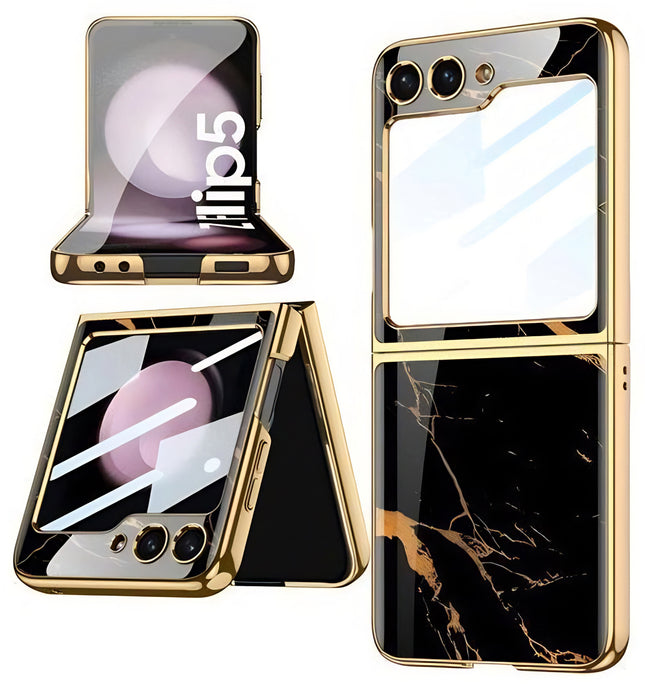 Mobizang 9H Glass Back Case for Samsung Galaxy Z Flip5 / Z Flip 5,Ultra Thin Full Body Protection Folding Hard Back Cover, Black Marble