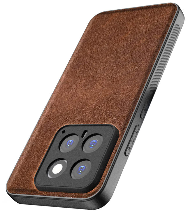 Mobizang Tux Leather Back Cover for Xiaomi 14 (5G) | Slim Shockproof Camera Protection Bumper Case (Brown)