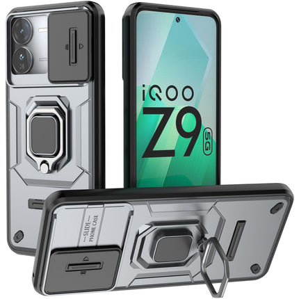 Mobizang Armor Slider Back Cover for Iqoo Z9 | Inbuilt Ring + Camera Slider Shockproof Lens Protection Bumper Back Case (Grey)