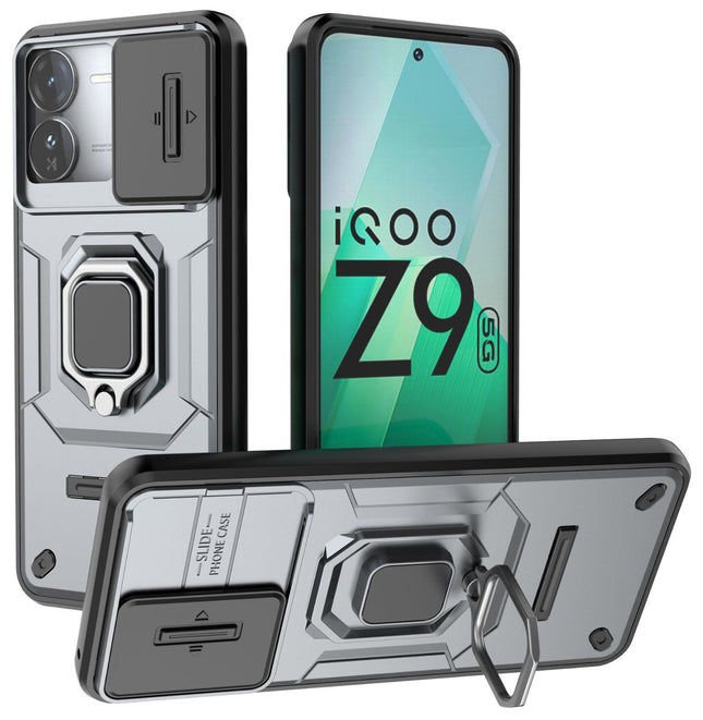 Mobizang Armor Slider Back Cover for Iqoo Z9 | Inbuilt Ring + Camera Slider Shockproof Lens Protection Bumper Back Case (Grey)