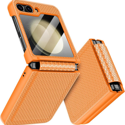 Mobizang Textured Grip Hinge Protection Back Cover for Samsung Galaxy Z Flip5 / Z Flip 5 | with [Inbuilt Glass] Full Body Shockproof Hard Back Case (Orange)