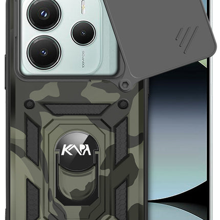 Mobizang Tank Back Cover for Redmi Note 14 (5G) | Inbuilt Ring + Slider Shockproof Lens Protection Bumper Back Case (Black)