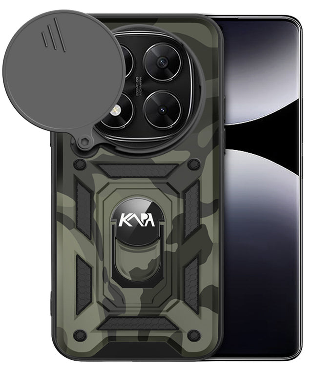Mobizang Tank Back Cover for Redmi Note 14 Pro Plus | Inbuilt Ring + Slider Shockproof Lens Protection Bumper Back Case (Black)