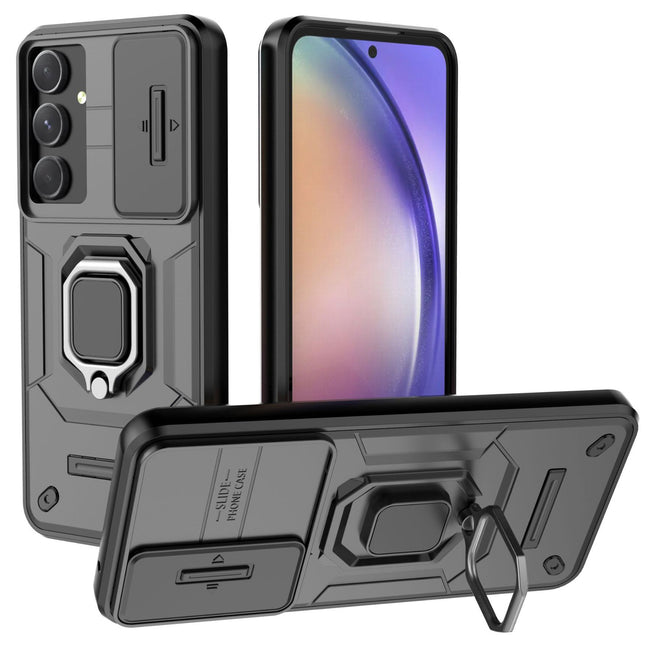 Mobizang Armor Slider Back Cover for Samsung Galaxy S24 FE | Inbuilt Ring + Camera Slider Shockproof Lens Protection Bumper Back Case (Black)