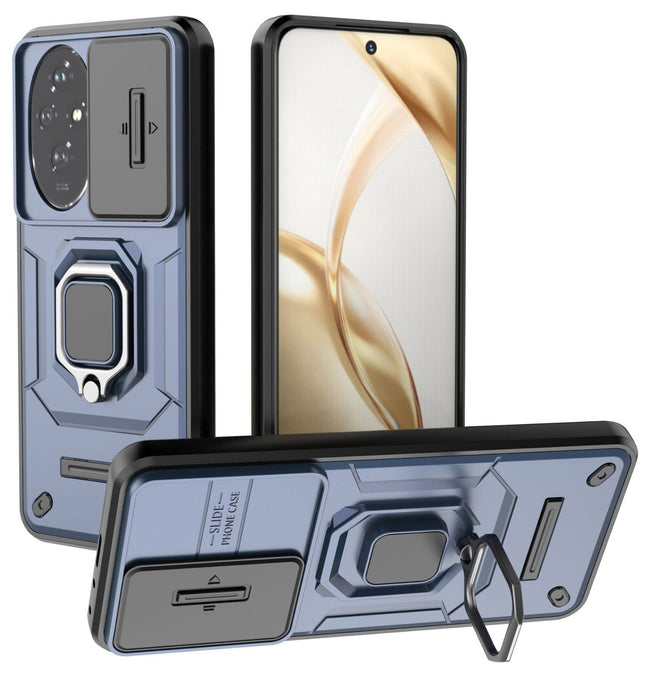 Mobizang Armor Slider Back Cover for Honor 200 Pro (5G) | Inbuilt Ring + Camera Slider Shockproof Lens Protection Bumper Back Case (Blue)