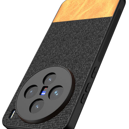 Mobizang Soft Fabric & Leather Hybrid Protective Back Cover for Vivo X200 (5G) | Shockproof Slim Hard Anti Slip Back Case (Black,Brown)