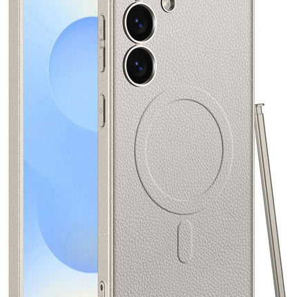 Mobizang Ultra Thin Leather & Magsafe Back Case for Samsung Galaxy S25 Plus | with Wireless Charging Support Ring Full Body Protection Back Cover (Titanium)