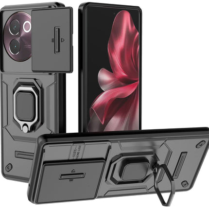 Mobizang Armor Slider Back Cover for Vivo V30E (5G) | Inbuilt Ring + Camera Slider Shockproof Lens Protection Bumper Back Case (Black)