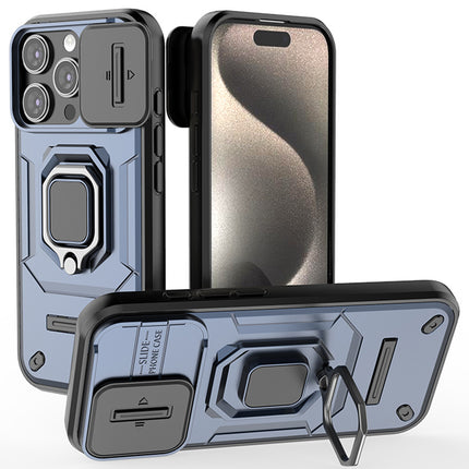 Mobizang Armor Slider Back Cover for Apple iPhone 16 Pro | Inbuilt Ring + Camera Slider Shockproof Lens Protection Bumper Back Case (Blue)