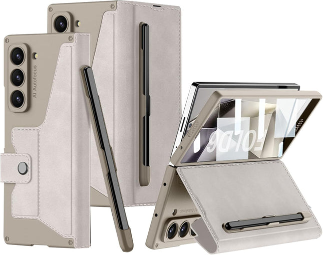 Mobizang Sheath Leather Flip Case for Samsung Galaxy Z Fold 6 | Inbuilt S Pen Holder, Slim Hybrid Stand Protection Flip Cover (Titanium)