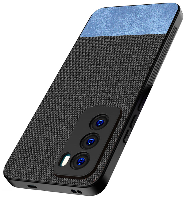 Mobizang Soft Fabric & Leather Hybrid Protective Back Cover for Oppo Reno 12 (5G) | Shockproof Slim Hard Anti Slip Back Case (Black,Blue)