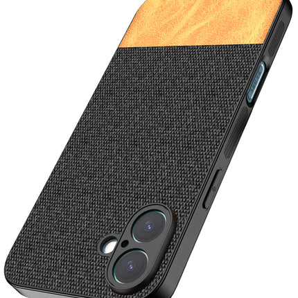 Mobizang Soft Fabric & Leather Hybrid Protective Back Cover for Apple iPhone 16 Plus | Shockproof Slim Hard Anti Slip Back Case (Black,Brown)