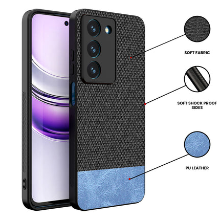 Mobizang Soft Fabric & Leather Hybrid Protective Back Cover for Realme 14X | Shockproof Slim Hard Anti Slip Back Case (Black,Blue)