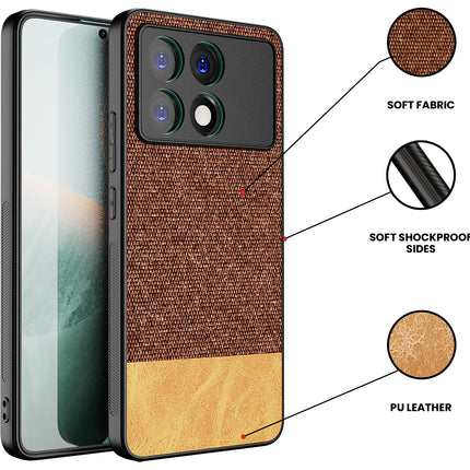 Mobizang Soft Fabric & Leather Hybrid Protective Back Cover for Poco X6 Pro | Shockproof Slim Hard Anti Slip Back Case (Brown)
