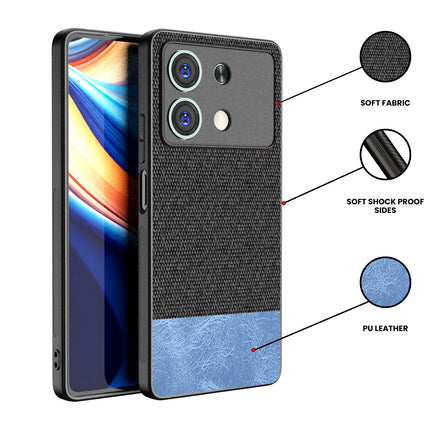 Mobizang Soft Fabric & Leather Hybrid Protective Back Cover for Poco X6 Neo (5G) | Shockproof Slim Hard Anti Slip Back Case (Black,Blue)