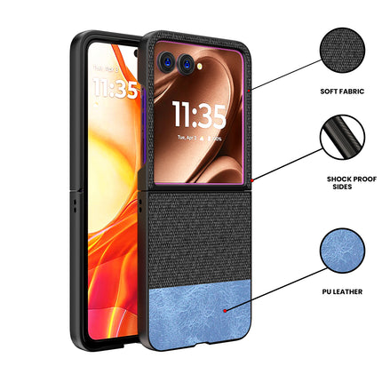 Mobizang Soft Fabric & Leather Hybrid Protective Back Cover for Motorola Razr 50 Ultra | Shockproof Slim Hard Anti Slip Back Case (Black,Blue)