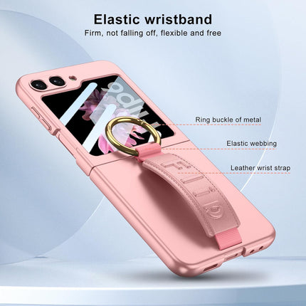 Mobizang Shockproof Band Protective Back Cover for Flip6 / Z Flip 6 | Wrist Strap Ring Kickstand Inbuilt Screen Tempered Glass Case (Pink)