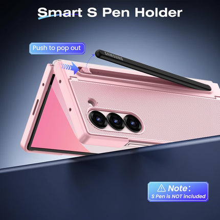 Mobizang Textured Grip S Pen Holder Hinge Protection Back Cover for Samsung Galaxy Z Fold6 / Fold 6 | with Inbuilt Glass , Kickstand & S Pen Slot Case (Pink)