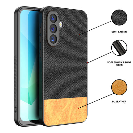 Mobizang Soft Fabric & Leather Hybrid Protective Back Cover for Samsung Galaxy A36 | Shockproof Slim Hard Anti Slip Back Case (Black,Brown)