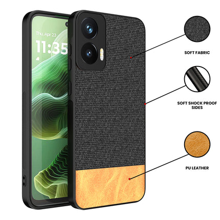 Mobizang Soft Fabric & Leather Hybrid Protective Back Cover for Moto G35 | Shockproof Slim Hard Anti Slip Back Case (Black,Brown)
