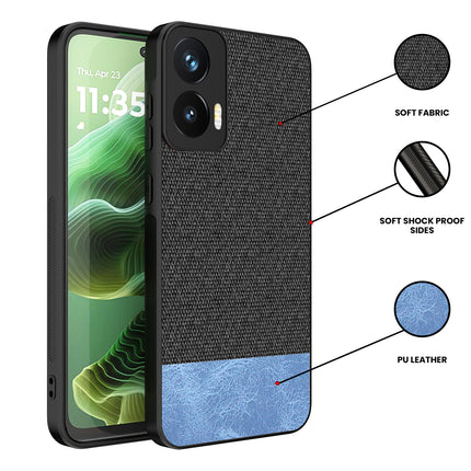 Mobizang Soft Fabric & Leather Hybrid Protective Back Cover for Moto G35 | Shockproof Slim Hard Anti Slip Back Case (Black,Blue)