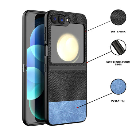 Mobizang Soft Fabric & Leather Hybrid Protective Back Cover for Samsung Galaxy Z Flip 6 | Shockproof Slim Hard Anti Slip Back Case (Black,Blue)