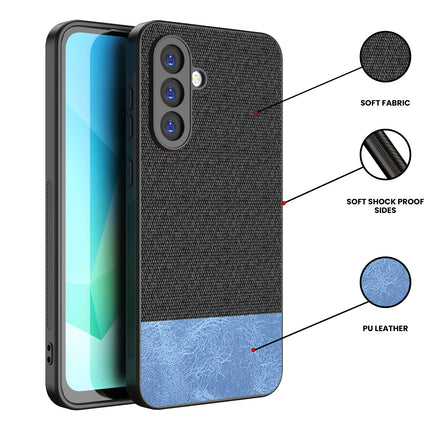 Mobizang Soft Fabric & Leather Hybrid Protective Back Cover for Samsung Galaxy A56 | Shockproof Slim Hard Anti Slip Back Case (Black,Blue)