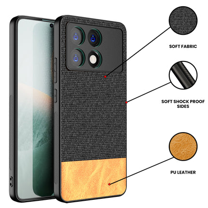 Mobizang Soft Fabric & Leather Hybrid Protective Back Cover for Poco X6 Pro | Shockproof Slim Hard Anti Slip Back Case (Black,Brown)