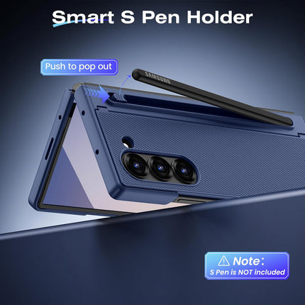 Mobizang Textured Grip S Pen Holder Hinge Protection Back Cover for Samsung Galaxy Z Fold6 / Fold 6 | with Inbuilt Glass , Kickstand & S Pen Slot Case (Blue)