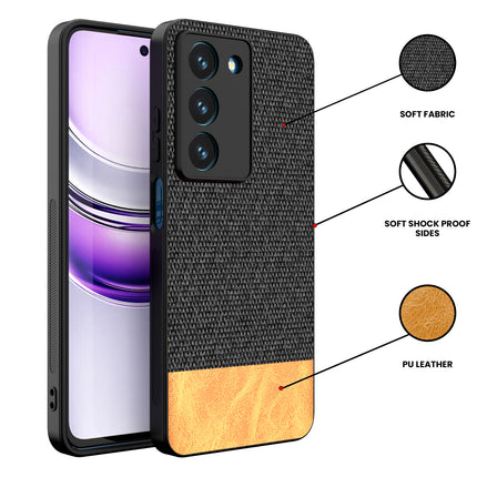 Mobizang Soft Fabric & Leather Hybrid Protective Back Cover for Realme 14X | Shockproof Slim Hard Anti Slip Back Case (Black,Brown)