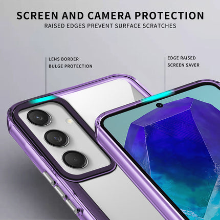Mobizang Warrior Acrylic Clear Back Cover For Samsung Galaxy M55 (5G) | Slim Shockproof [Military Grade Protection] Hybrid Bumper Case (Purple Sides)