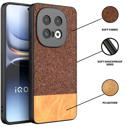 Mobizang Soft Fabric & Leather Hybrid Protective Back Cover for Iqoo 13 (5G) | Shockproof Slim Hard Anti Slip Back Case (Brown)