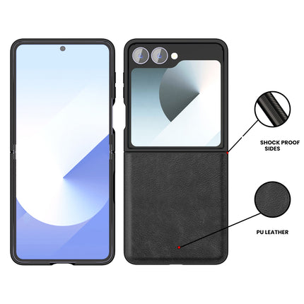 Mobizang Tux Leather Back Cover for Samsung Galaxy Z Flip 7 | Slim Shockproof Camera Protection Bumper Case (Black)