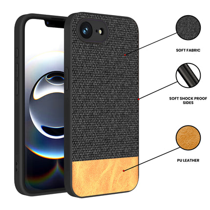Mobizang Soft Fabric & Leather Hybrid Protective Back Cover for Apple iPhone 16E | Shockproof Slim Hard Anti Slip Back Case (Black,Brown)