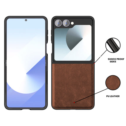 Mobizang Tux Leather Back Cover for Samsung Galaxy Z Flip 7 | Slim Shockproof Camera Protection Bumper Case (Brown)