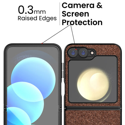 Mobizang Soft Fabric & Leather Hybrid Protective Back Cover for Samsung Galaxy Z Flip 6 | Shockproof Slim Hard Anti Slip Back Case (Brown)