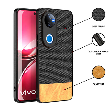 Mobizang Soft Fabric & Leather Hybrid Protective Back Cover for Vivo V50 5G | Shockproof Slim Hard Anti Slip Back Case (Black,Brown)