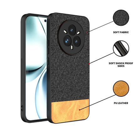 Mobizang Soft Fabric & Leather Hybrid Protective Back Cover for Realme 14 Pro+ (Plus) 5G | Shockproof Slim Hard Anti Slip Back Case (Black,Brown)