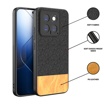 Mobizang Soft Fabric & Leather Hybrid Protective Back Cover for Xiaomi 14 (5G) | Shockproof Slim Hard Anti Slip Back Case (Black,Brown)