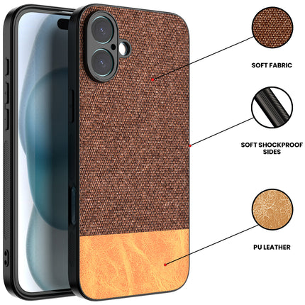 Mobizang Soft Fabric & Leather Hybrid Protective Back Cover for Apple iPhone 16 Plus | Shockproof Slim Hard Anti Slip Back Case (Brown)