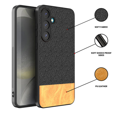 Mobizang Soft Fabric & Leather Hybrid Protective Back Cover for Samsung Galaxy S25 | Shockproof Slim Hard Anti Slip Back Case (Black,Brown)