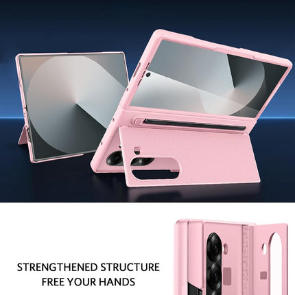 Mobizang Textured Grip S Pen Holder Hinge Protection Back Cover for Samsung Galaxy Z Fold6 / Fold 6 | with Inbuilt Glass , Kickstand & S Pen Slot Case (Pink)