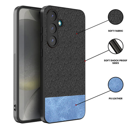Mobizang Soft Fabric & Leather Hybrid Protective Back Cover for Samsung Galaxy S25 | Shockproof Slim Hard Anti Slip Back Case (Black,Blue)