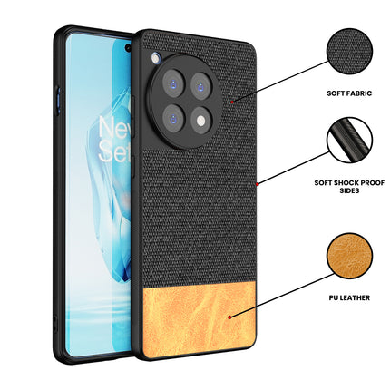 Mobizang Soft Fabric & Leather Hybrid Protective Back Cover for OnePlus 12R | Shockproof Slim Hard Anti Slip Back Case (Black,Brown)