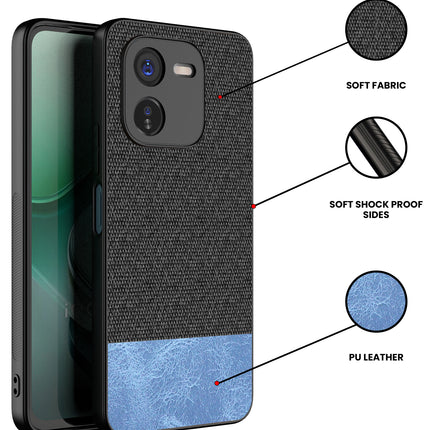 Mobizang Soft Fabric & Leather Hybrid Protective Back Cover for IQOO Z9X | Shockproof Slim Hard Anti Slip Back Case (Black,Blue)