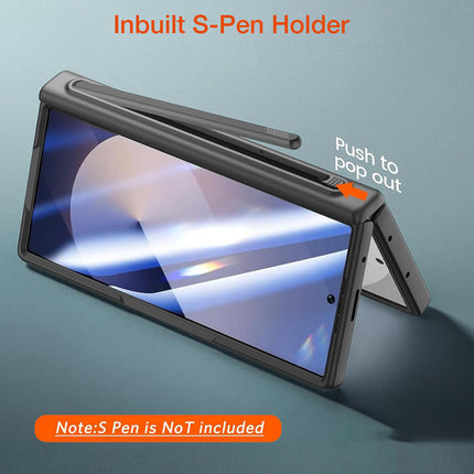 Mobizang Geometric S Pen Holder Hinge Protection Back Cover for Samsung Galaxy Z Fold6 / Fold 6 | Slim Shock proof Case with Inbuilt Glass & S Pen Slot (Black)