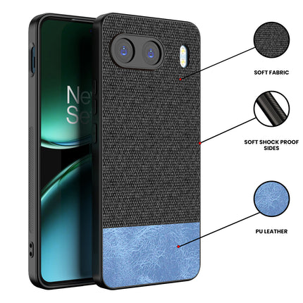 Mobizang Soft Fabric & Leather Hybrid Protective Back Cover for OnePlus Nord 4 | Shockproof Slim Hard Anti Slip Back Case (Black,Blue)