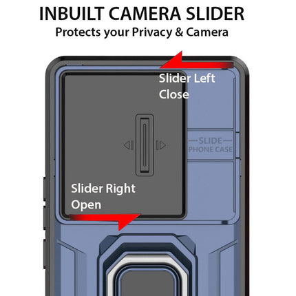 Mobizang Armor Slider Back Cover for OnePlus 12R | Inbuilt Ring + Camera Slider Shockproof Lens Protection Bumper Back Case (Blue)