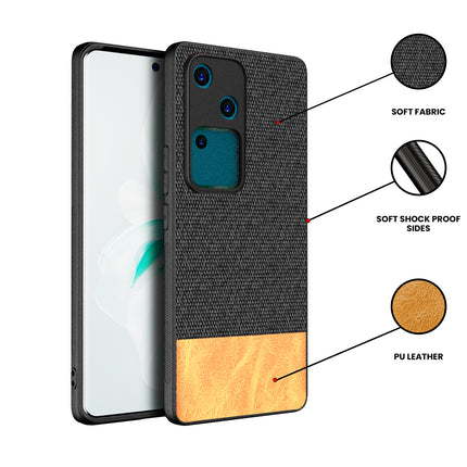 Mobizang Soft Fabric & Leather Hybrid Protective Back Cover for Vivo V30 (5G) | Shockproof Slim Hard Anti Slip Back Case (Black,Brown)